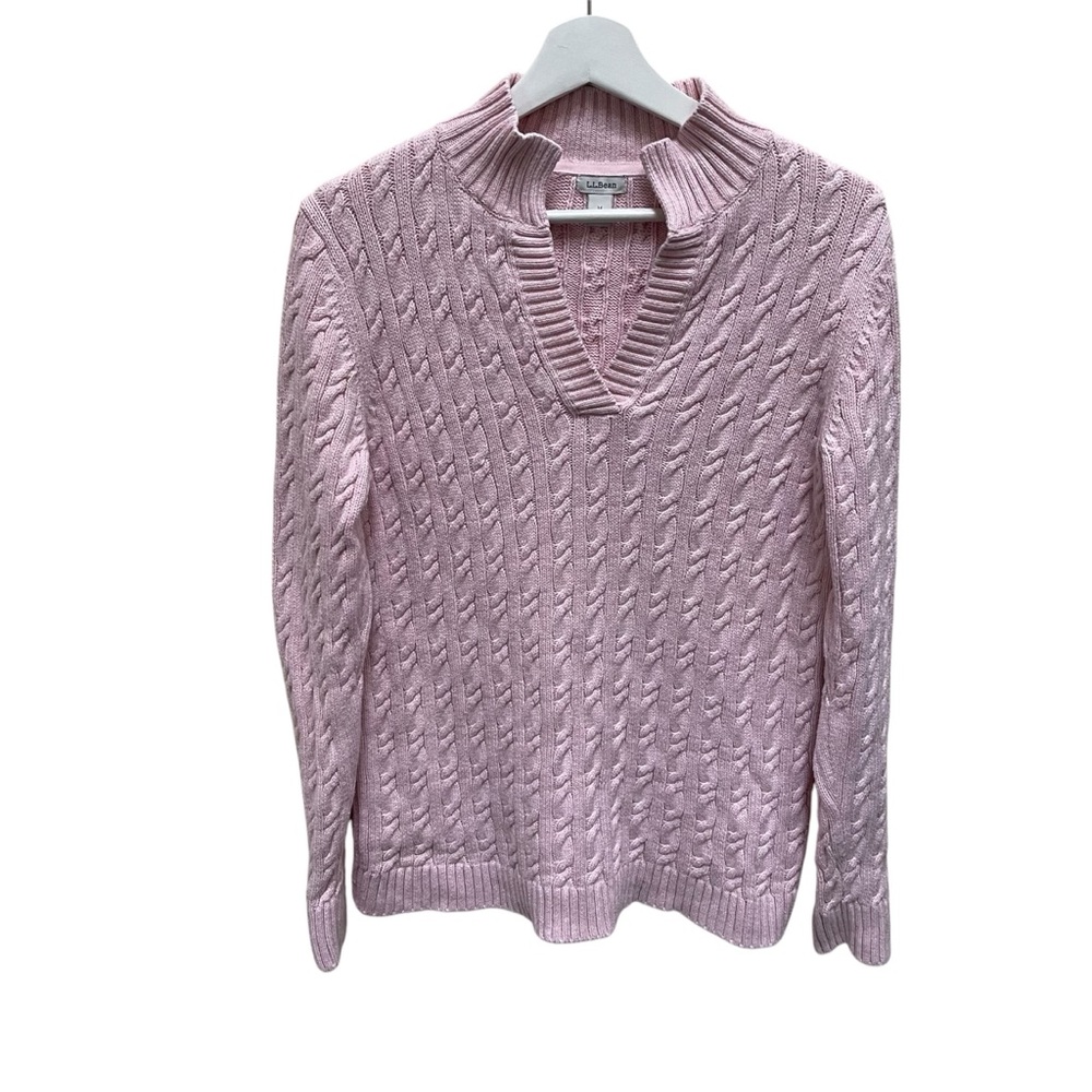 L.L BEAN VINTAGE Pink Cable Knit Collared V Neck Sweater 100% Cotton Size M